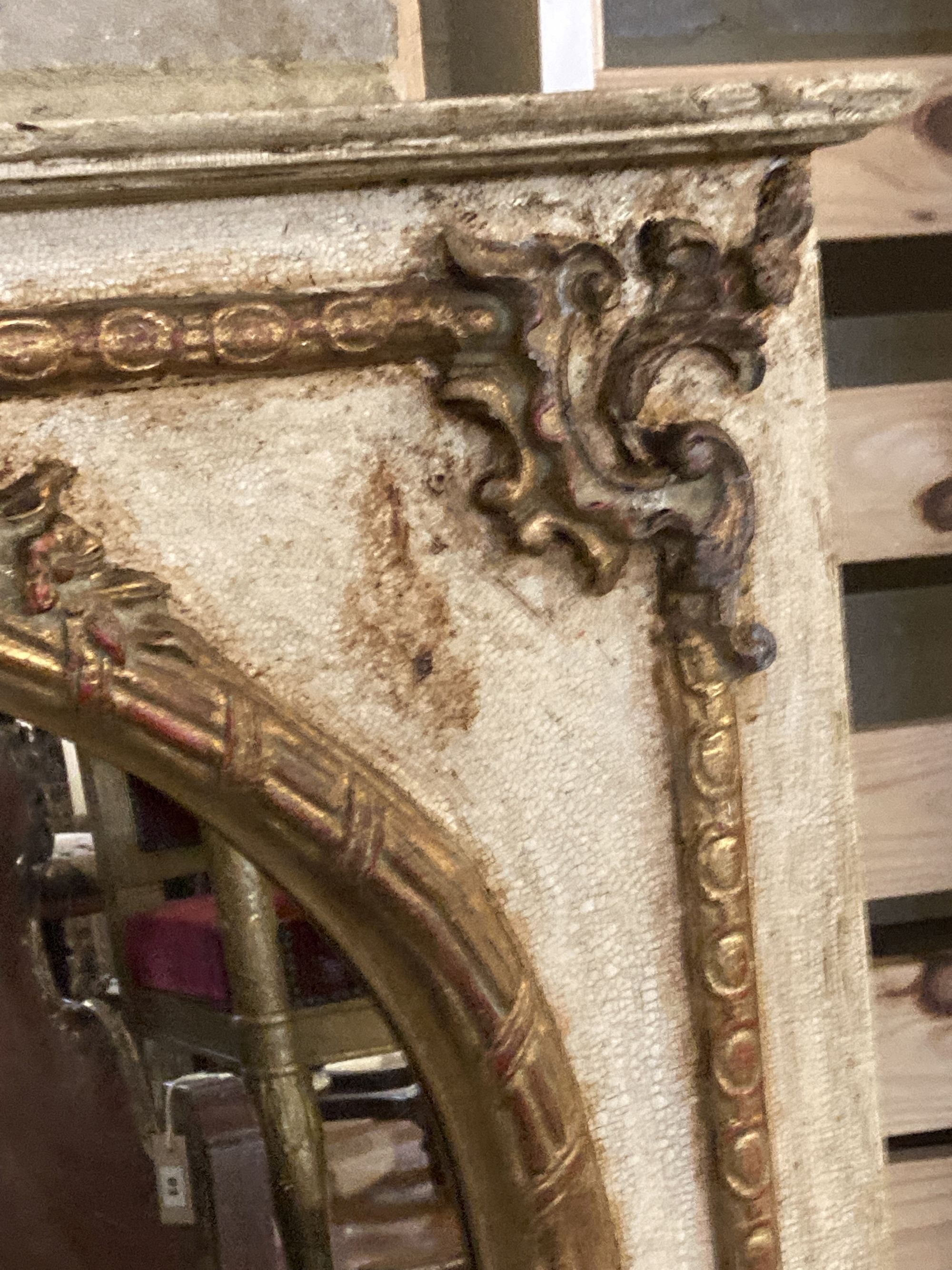 A painted wood and gesso twin plate overmantel mirror, width 114cm height 159cm